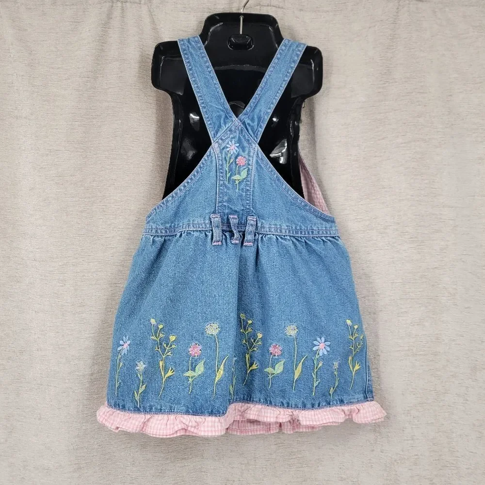 Faded Glory Vintage Y2K Denim Floral Embroidered Overall Skirt Jumper Dress